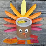 Upcycled coffee can transformed into a Thanksgiving thankful turkey with fall-colored paper feathers and gratitude notes.