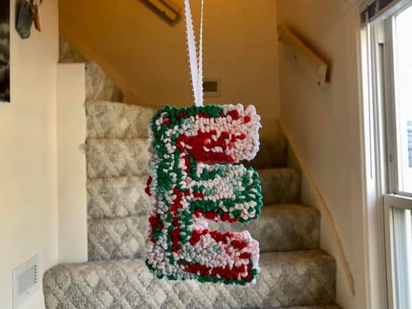 Punch Needle letter ornament. Punch Needle custom ornament. Punch Needle Personalized Christmas Ornament. Beginner punch needle project. Beginner punch  needle DIY. Punch Needle crafts. Punch Needle ideas. Christmas crafts. Christmas DIY. 