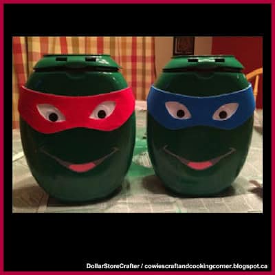 Dollar Store Crafter. Trash to treasure repurposing tide pods containers. Repurpose tide pod containers. Tide pods. Ninja Turtles. Valentine's Day Card Boxes. Kids crafts.