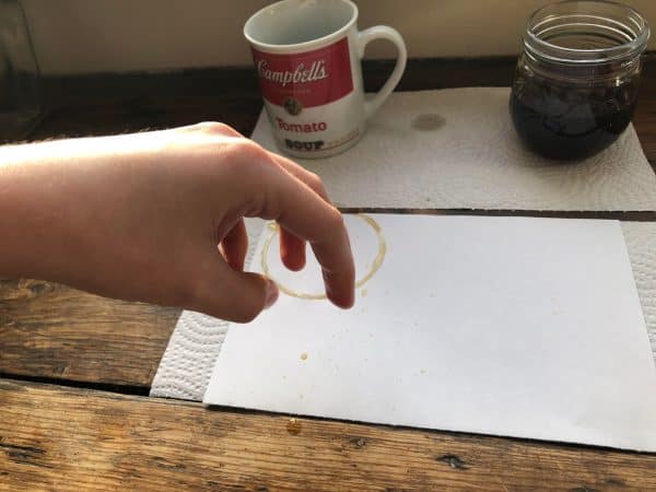 How to make coffee art. Coffee mug. Paintbrush. Spoon. Paper. Supplies for Coffee art. Coffee art DIY. Coffee stain art. Coffee ring art. Mixed media art. Mixed media. Cute quotes. Cute coffee quotes. Coffee quotes. Coffee lover crafts. Coffee lover decor.