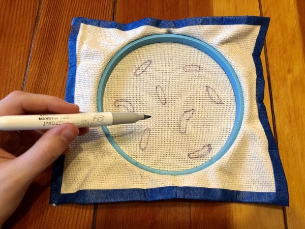 Monks cloth. Embroidery hoop. Painter's tape. Fabric Marker. Punch Needle designs. Punch Needle project for beginners. Punch Needle ideas.