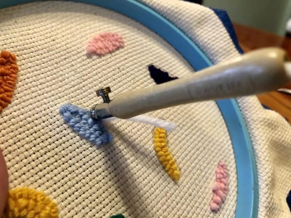 How to make a candle mat DIY. Monks cloth. Embroidery hoop. Painter's tape. Punch Needle project for beginners. Punch Needle ideas. Acrylic Yarn. Punch Needle.