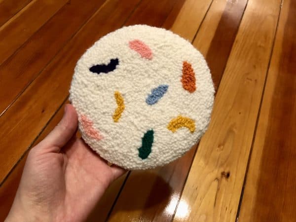 How to make a candle mat DIY. Monks cloth. Fleece. Fleece backing. Punch Needle project for beginners. Punch Needle ideas. Acrylic Yarn. Punch Needle.
