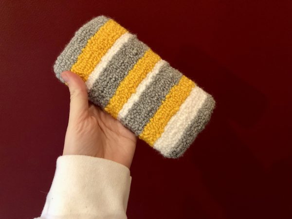 Adorable DIY phone pad made by a punch needle with acrylic yarn. Grey, Yellow, and White color scheme. Yarn crafts. Punch needle projects. Phone holder on desk. DIY phone holder.
