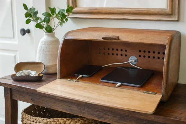Vintage wooden bread box repurposed as a ventilated charging station for a phone and tablet.