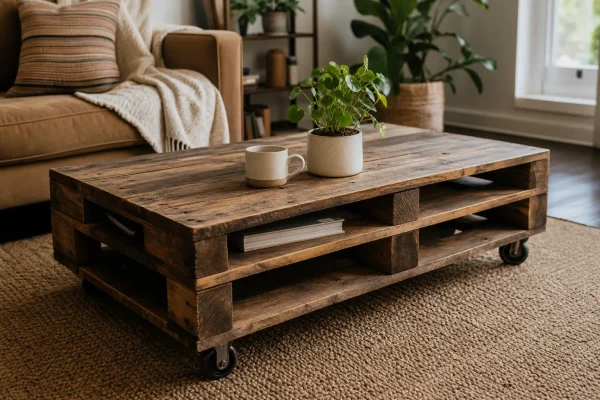 Stained reclaimed pallet coffee table with caster wheels in a warm, comfortable living room.