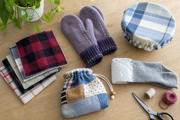 Old fabric repurposed into cleaning cloths, sweater mittens, a bowl cover, sock duster, and small drawstring pouch.
