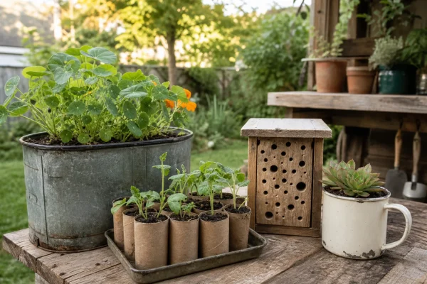 Old metal bin planter, cardboard seed pots, scrap wood bee hotel, and chipped mug succulent on a garden table.