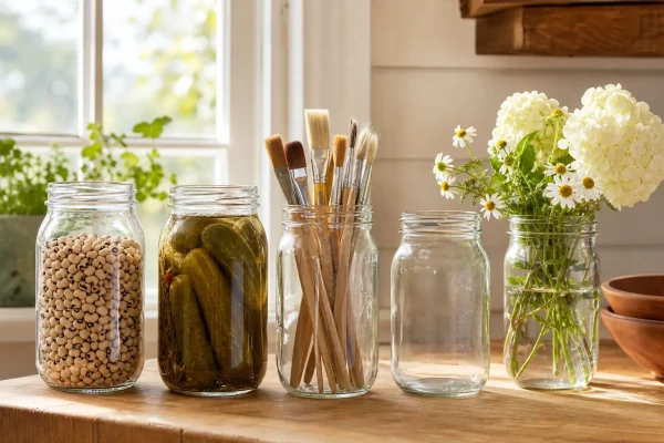 Glass food jars reused to hold beans, pickles, paintbrushes, and fresh flowers in a sunny kitchen.